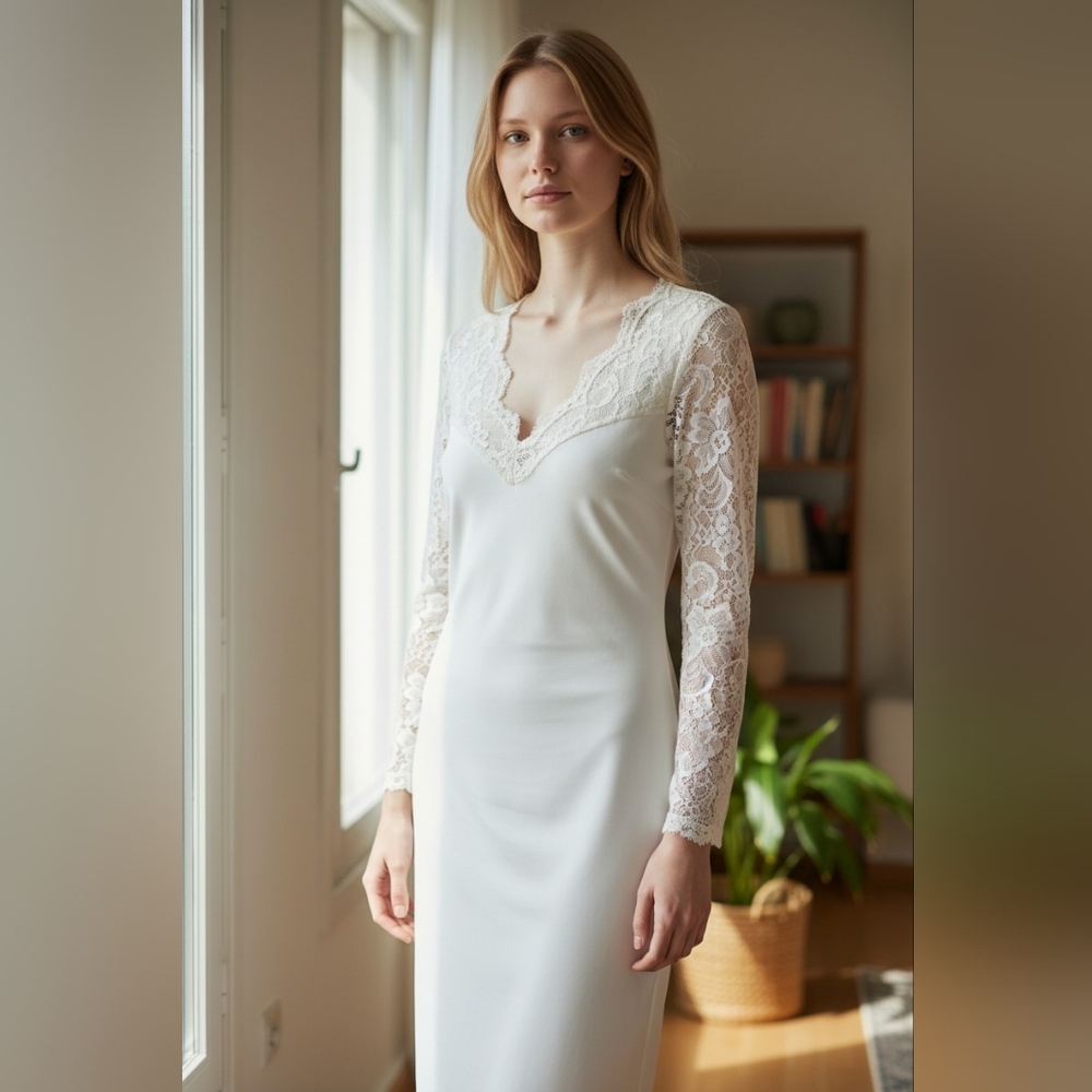 White Windsor Lace Dress Bridal Evening Elegant Classic Demure Vintage Vibe